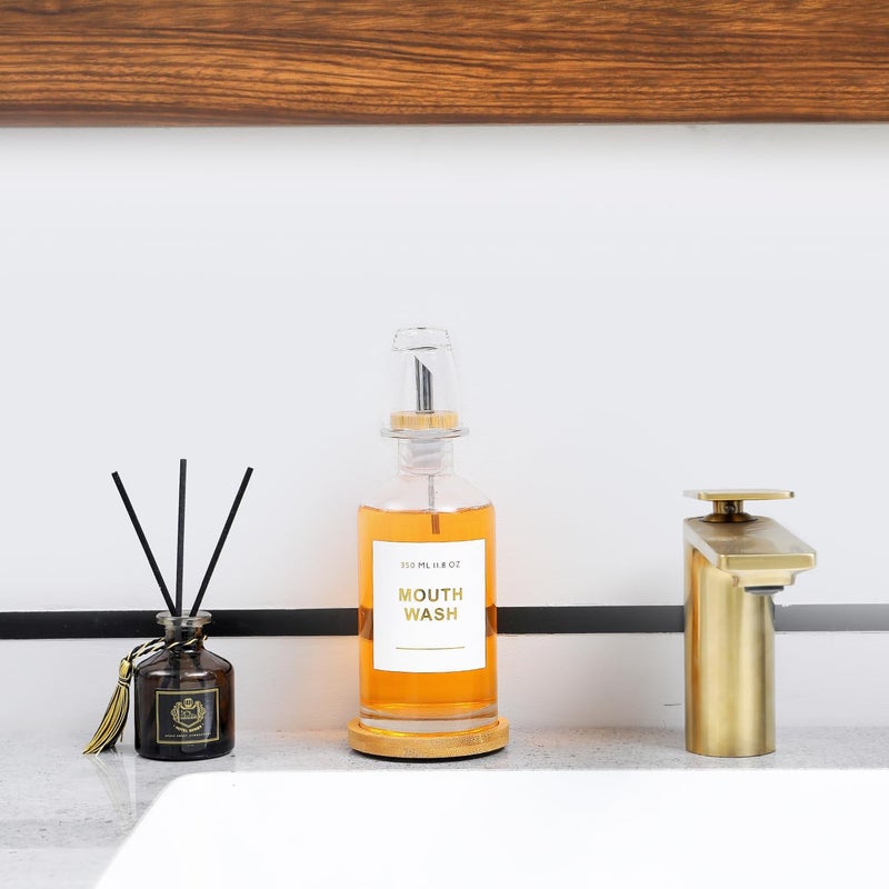 BONLONG 11.8OZ Glass Mouthwash Dispenser for Bathroom with Stainless Steel & Bamboo Nozzle, Mouthwash Cup Reusable, Bamboo Tray, and Elegant Gold Sticker.（Clear - Image 4